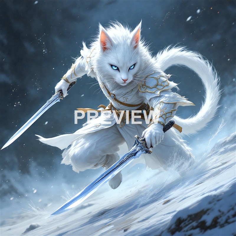 A white, feline-like creature with piercing blue eyes, dressed in ornate armor and wielding two swords, is depicted in a dynamic pose amid a snowy, stormy background.